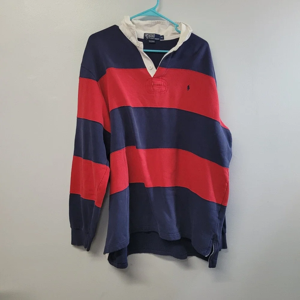 Polo Ralph Lauren Mens XL Rugby Shirt Blue Red Striped Long Sleeve Cotton Blend